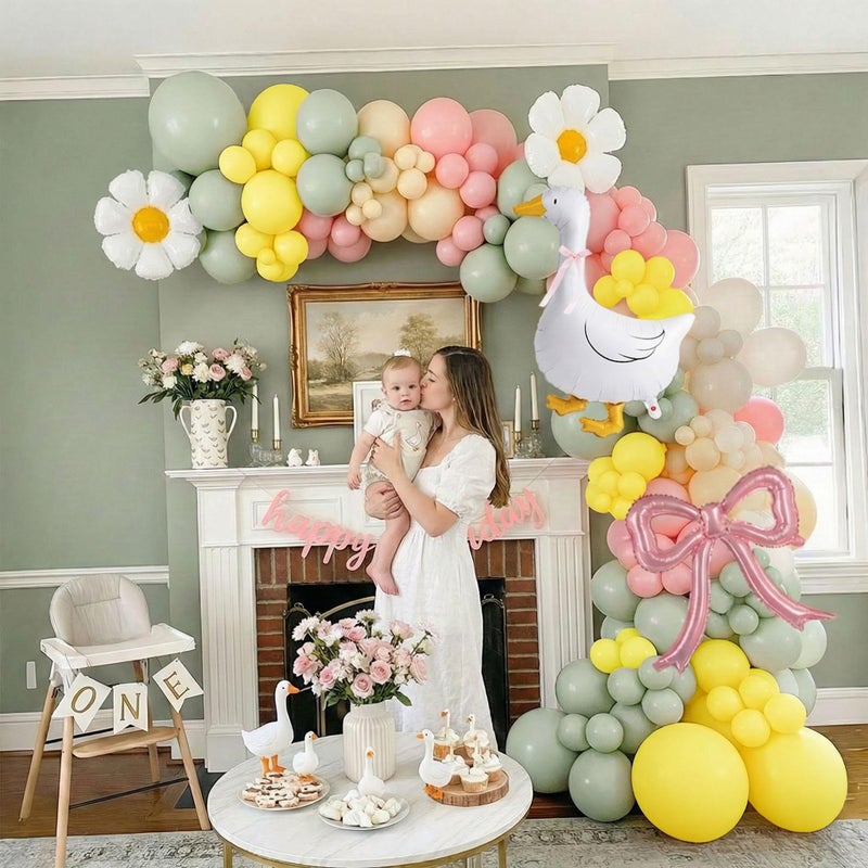 kozee One Silly Goose decorations Pastel yellow Pink Green Balloon Garland with Goose daisies Gingham Balloons, bow Boys Girls Vintage Goose Birthday Baby Shower Arch - Image 4