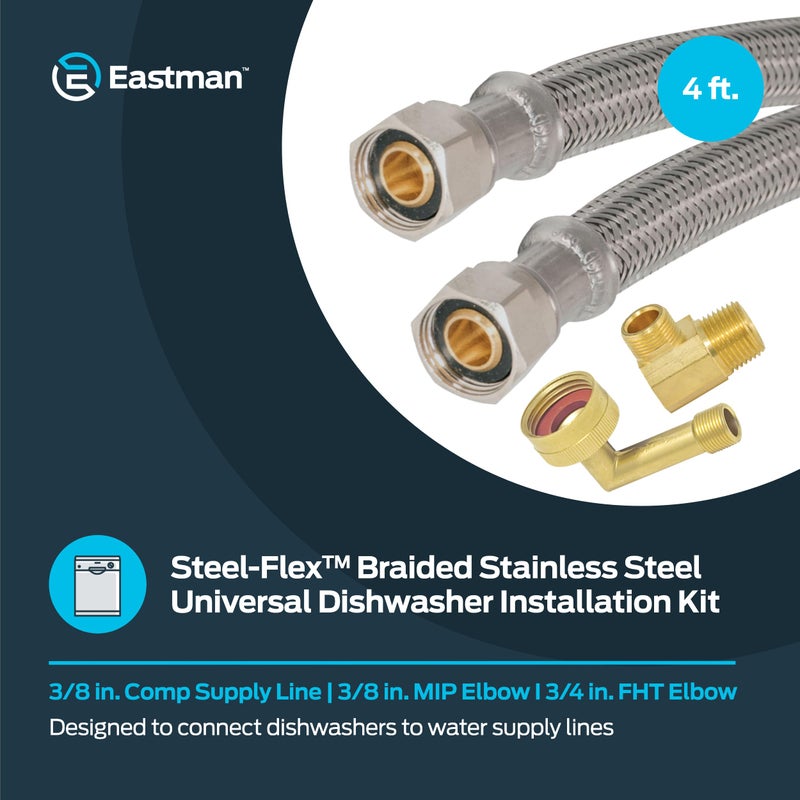 Eastman Eastman Dishwasher Installation Kit, 4 Foot Supply Line with 3/8 Inch Compression Ends, 3/8 Inch MIP Elbow and 3/4 Inch FHT Elbow, Braided Stainless Steel Dishwasher Connectors, 41037  - Image 2