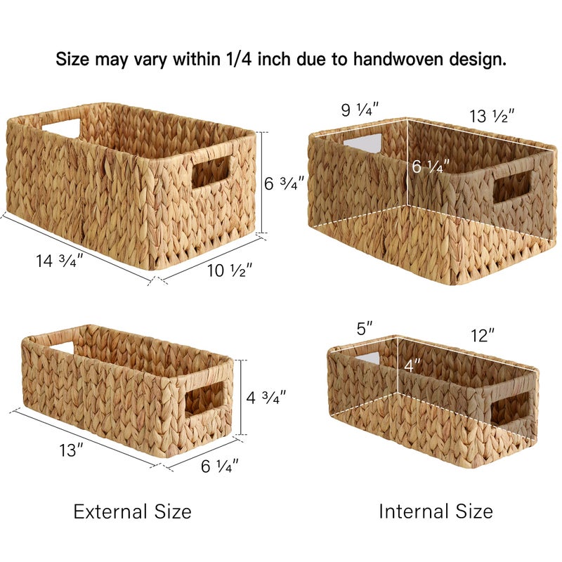 StorageWorks Water Hyacinth Storage Baskets  Square Wicker Baskets with Built-in Handles  Hand-Woven Baskets for Bedroom  Bathroom  Pantry  Shelves  Set of 3 (1PC Large  2PCS Medium) - Image 3