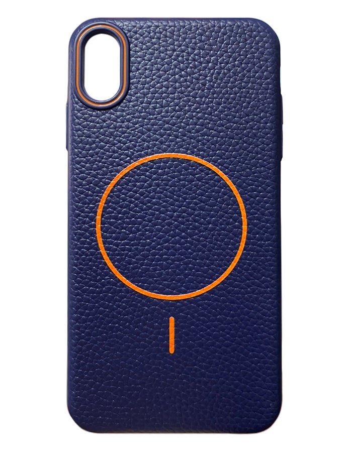 Magsafe Phone Case For XS Max With High Quality Rubber Frame And Slim Lychee Pattern Leather Case with Camera Lens Protection Shockproof Cover And support wireless Charging Leather Cover for XS Max - Blue/Orange