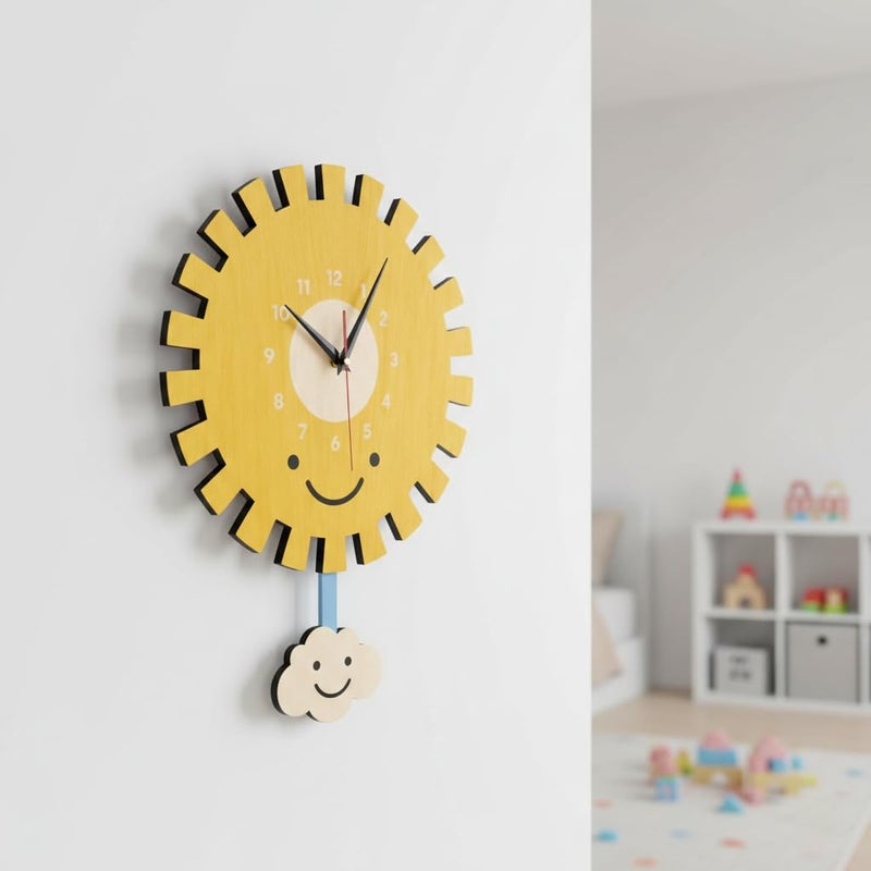 Sun Pendulum Movable Wall Clock with Moving Cloud, Bright Colors and High Quality, Quiet Silent Movement, Easy to Hang, Adds Attractive Decoration and Suits All Tastes - Image 1