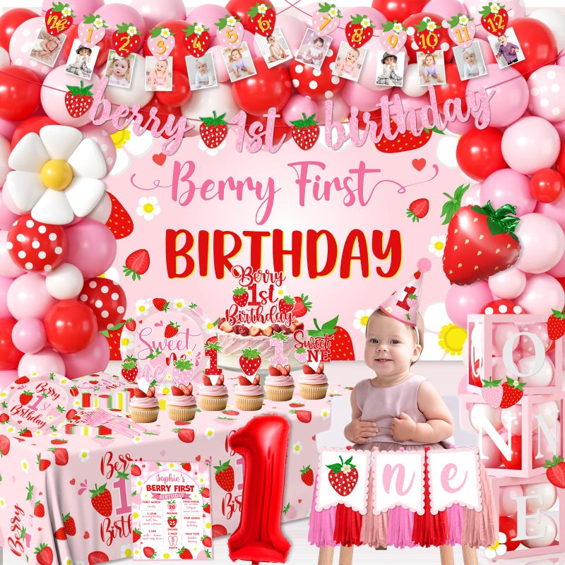 Bezkega Berry First Birthday Decor Strawberry 1st Birthday Decorations Girls With Strawberry Decor Plates Napkins Balloons Strawberry Party Backdrop Banner Cake Toppers for Girl 1st birthday Decorations - Image 2