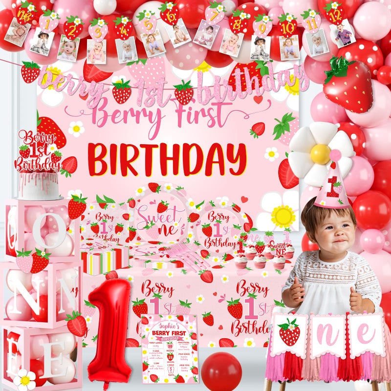 Bezkega Berry First Birthday Decor Strawberry 1st Birthday Decorations Girls With Strawberry Decor Plates Napkins Balloons Strawberry Party Backdrop Banner Cake Toppers for Girl 1st birthday Decorations - Image 3