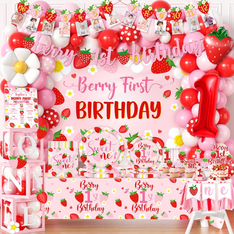 Bezkega Berry First Birthday Decor Strawberry 1st Birthday Decorations Girls With Strawberry Decor Plates Napkins Balloons Strawberry Party Backdrop Banner Cake Toppers for Girl 1st birthday Decorations - Image 1