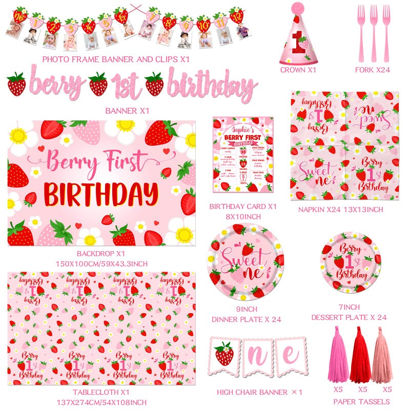 Bezkega Berry First Birthday Decor Strawberry 1st Birthday Decorations Girls With Strawberry Decor Plates Napkins Balloons Strawberry Party Backdrop Banner Cake Toppers for Girl 1st birthday Decorations - Image 5