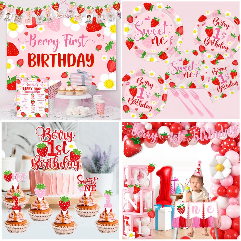 Bezkega Berry First Birthday Decor Strawberry 1st Birthday Decorations Girls With Strawberry Decor Plates Napkins Balloons Strawberry Party Backdrop Banner Cake Toppers for Girl 1st birthday Decorations - Image 4