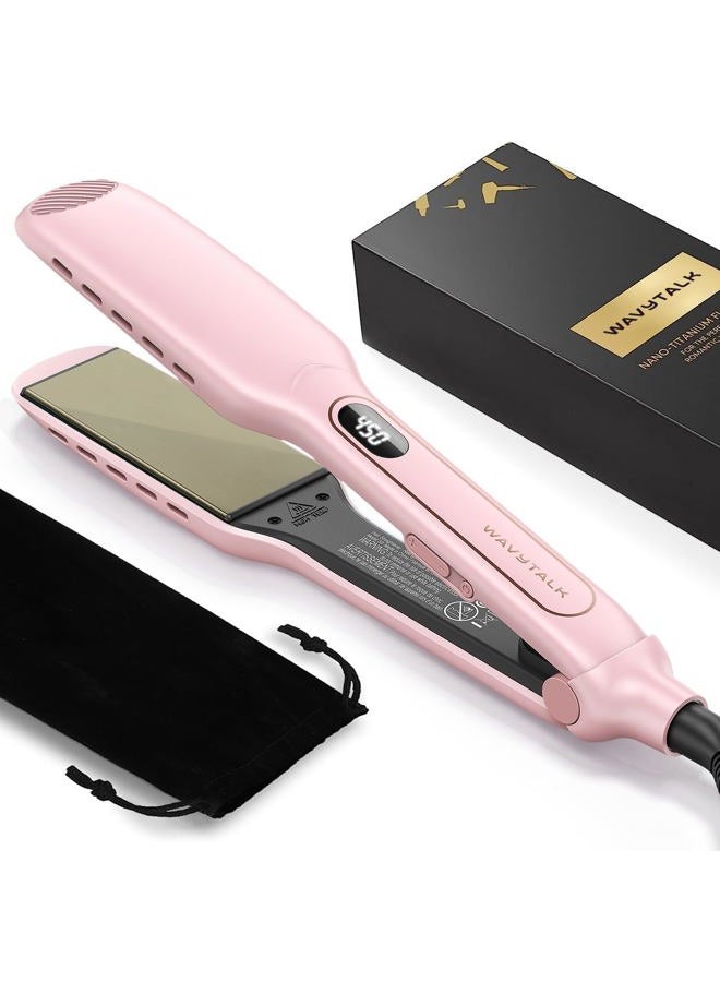 Wavytalk Wet to Straight Hair Straightener, Titanium 1.75 Inch Wide Vent Sesh Flat Iron for Damp or Dry Hair, Straightener with Dual Voltage Leave Silky Smooth Look, 20% Faster Styling, Pink - Image 1