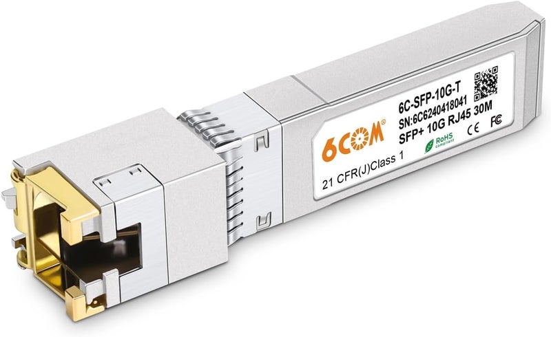 6COM 1.25G/2.5G/5G/10GBase-T SFP+ Transceiver, 10G SFP+ to RJ45 Copper Module, CAT.6a/7, up to 30 Meters, for Cisco SFP-10G-T-S, Ubiquiti uacc-cm-rj45-mg, D-Link, Supermicro, MikroTik S+RJ10 and More - Image 1