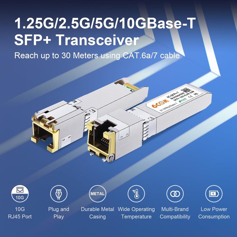 6COM 1.25G/2.5G/5G/10GBase-T SFP+ Transceiver, 10G SFP+ to RJ45 Copper Module, CAT.6a/7, up to 30 Meters, for Cisco SFP-10G-T-S, Ubiquiti uacc-cm-rj45-mg, D-Link, Supermicro, MikroTik S+RJ10 and More - Image 2
