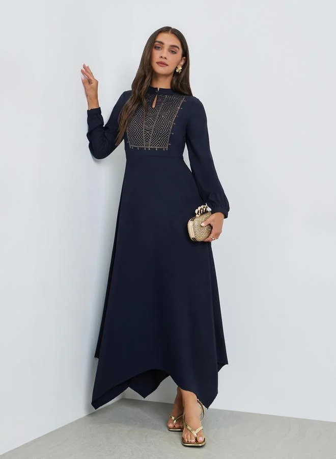 Navy Blue Embellished Asymmetrical Hem Maxi Dress