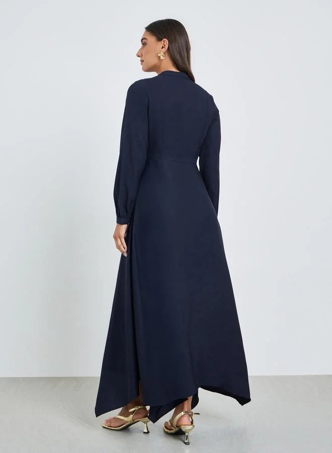 Styli  Navy Blue Embellished Asymmetrical Hem Maxi Dress for Women | Best Price UAE