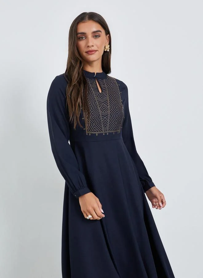 Styli  Navy Blue Embellished Asymmetrical Hem Maxi Dress for Women | Best Price UAE