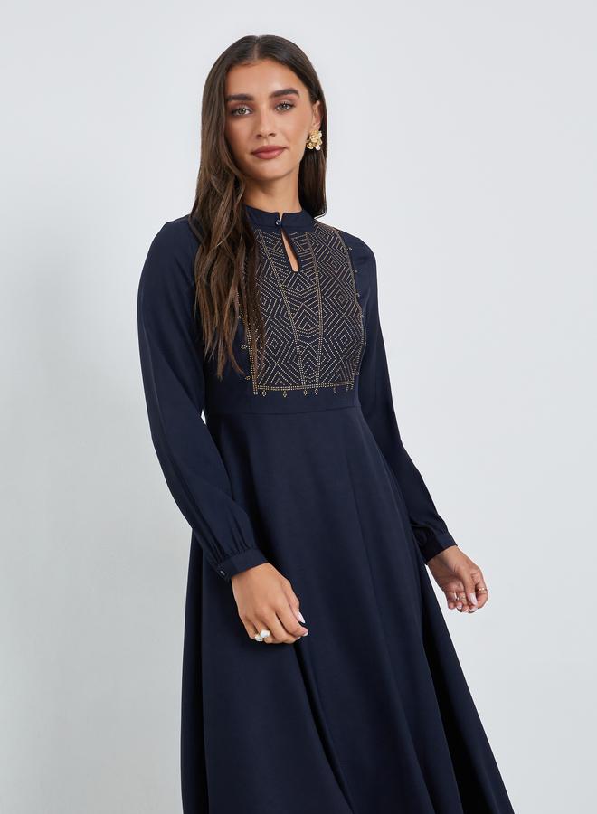 Styli Navy Blue Embellished Asymmetrical Hem Maxi Dress - Image 2