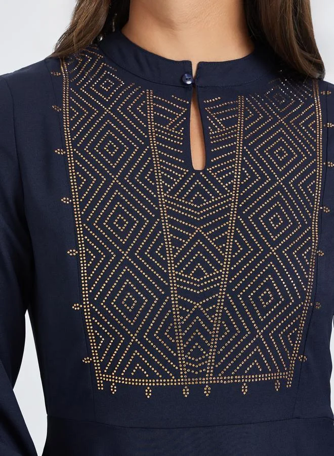 Styli  Navy Blue Embellished Asymmetrical Hem Maxi Dress for Women | Best Price UAE