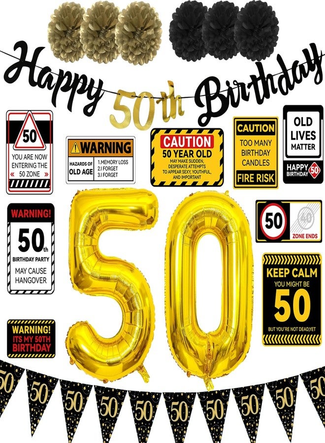 REZIPO 50th Birthday Party Decorations Set Black and Gold 50 Years Old Party Supplies for Men with Happy Birthday Banner, Party Signs, Pennants, Foil Balloons and Paper Fans - Image 1
