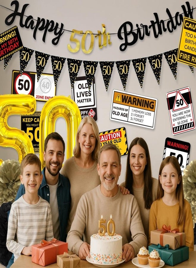 REZIPO 50th Birthday Party Decorations Set Black and Gold 50 Years Old Party Supplies for Men with Happy Birthday Banner, Party Signs, Pennants, Foil Balloons and Paper Fans - Image 3