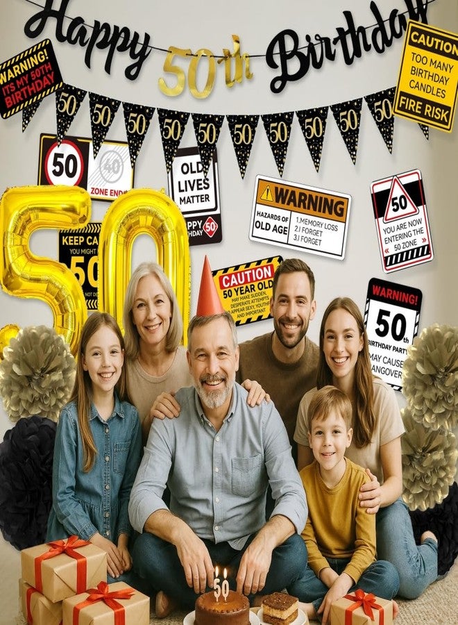 REZIPO 50th Birthday Party Decorations Set Black and Gold 50 Years Old Party Supplies for Men with Happy Birthday Banner, Party Signs, Pennants, Foil Balloons and Paper Fans - Image 2