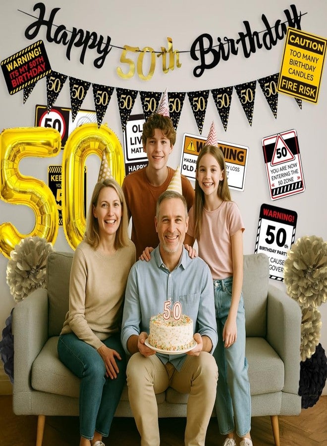REZIPO 50th Birthday Party Decorations Set Black and Gold 50 Years Old Party Supplies for Men with Happy Birthday Banner, Party Signs, Pennants, Foil Balloons and Paper Fans - Image 5