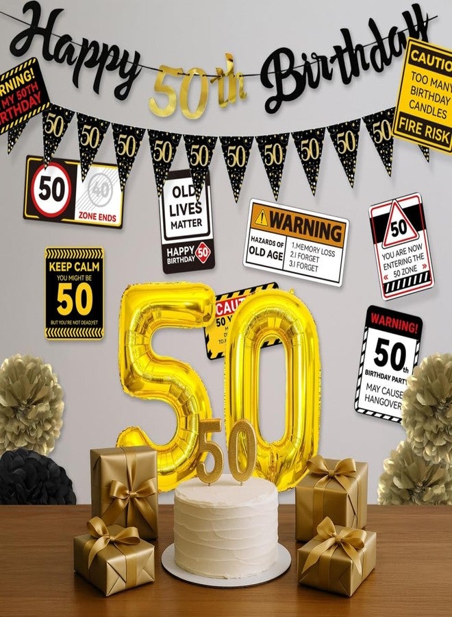 REZIPO 50th Birthday Party Decorations Set Black and Gold 50 Years Old Party Supplies for Men with Happy Birthday Banner, Party Signs, Pennants, Foil Balloons and Paper Fans - Image 4