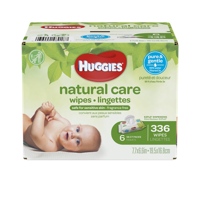 HUGGIES Natural Care Unscented Baby Wipes, Sensitive, Water-Based, 6 Flip-top Packs, 56 Count (Pack of 6) - Image 1