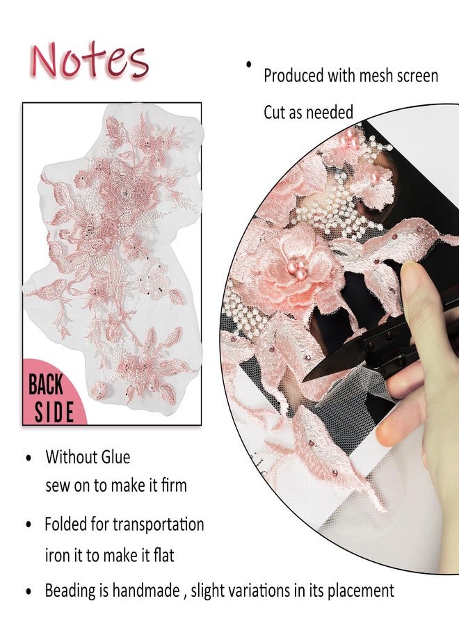 Silvora Colorful Flower Fabric Beaded Lace Applique,3D Embroidered Flower Fabric Patch for Bridal Dress, Handmade Sewing Tool for Wedding DIY Crafts(Pink) - Image 5