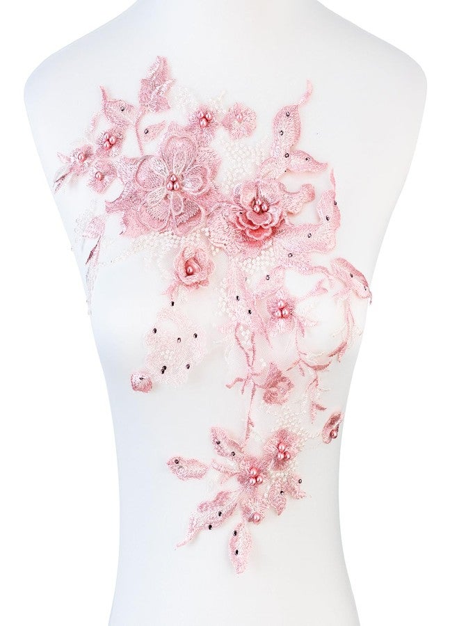 Silvora Colorful Flower Fabric Beaded Lace Applique,3D Embroidered Flower Fabric Patch for Bridal Dress, Handmade Sewing Tool for Wedding DIY Crafts(Pink) - Image 1
