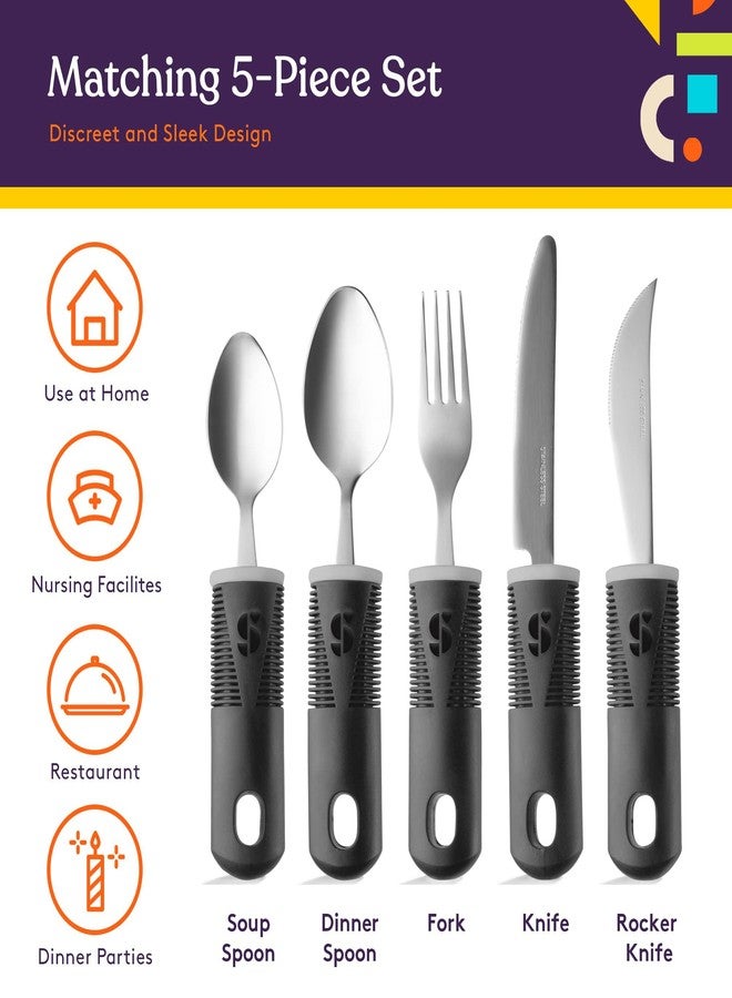 Special Supplies Adaptive Utensils (5-Piece Kitchen Set) Wide, Non-Weighted, Non-Slip Handles for Hand Tremors, Arthritis, Parkinson’s or Elderly Use - Stainless Steel (Black) - Image 4