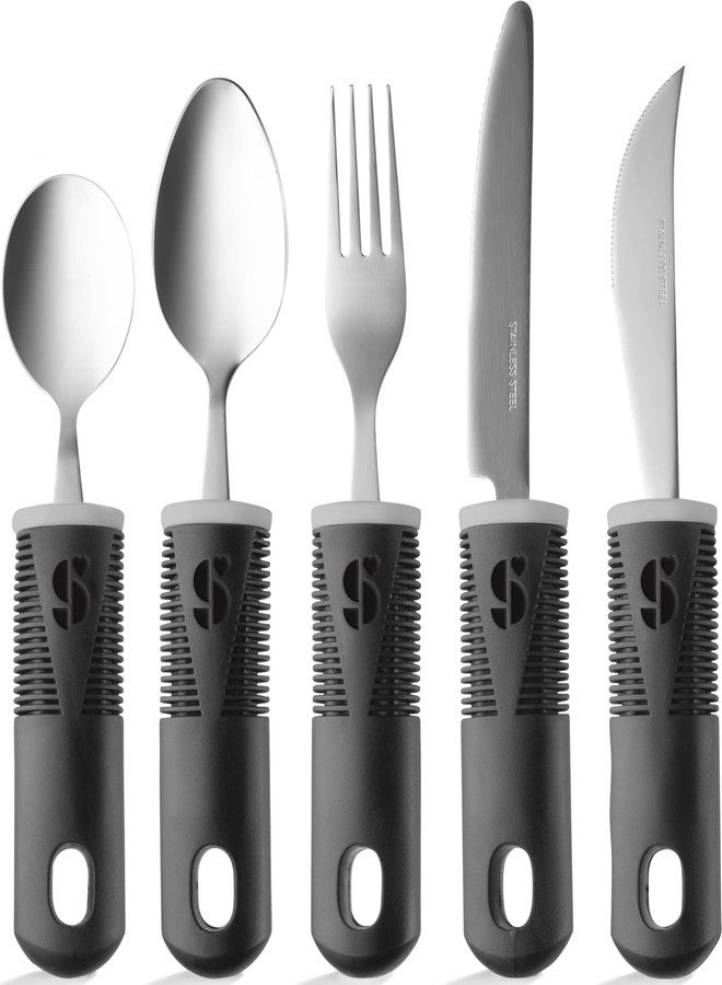 Special Supplies Adaptive Utensils (5-Piece Kitchen Set) Wide, Non-Weighted, Non-Slip Handles for Hand Tremors, Arthritis, Parkinson’s or Elderly Use - Stainless Steel (Black) - Image 1