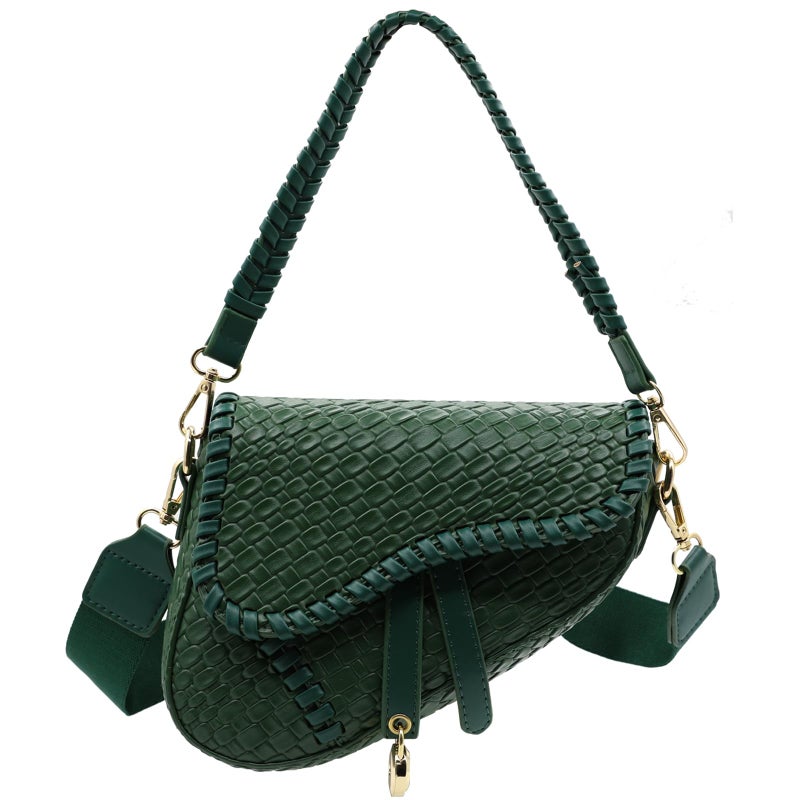 ERWUBA fashion women saddle shoulder bag clutch purse small crossbody satchel handbag woven imitation crocodile leather bag (Green) - Image 1