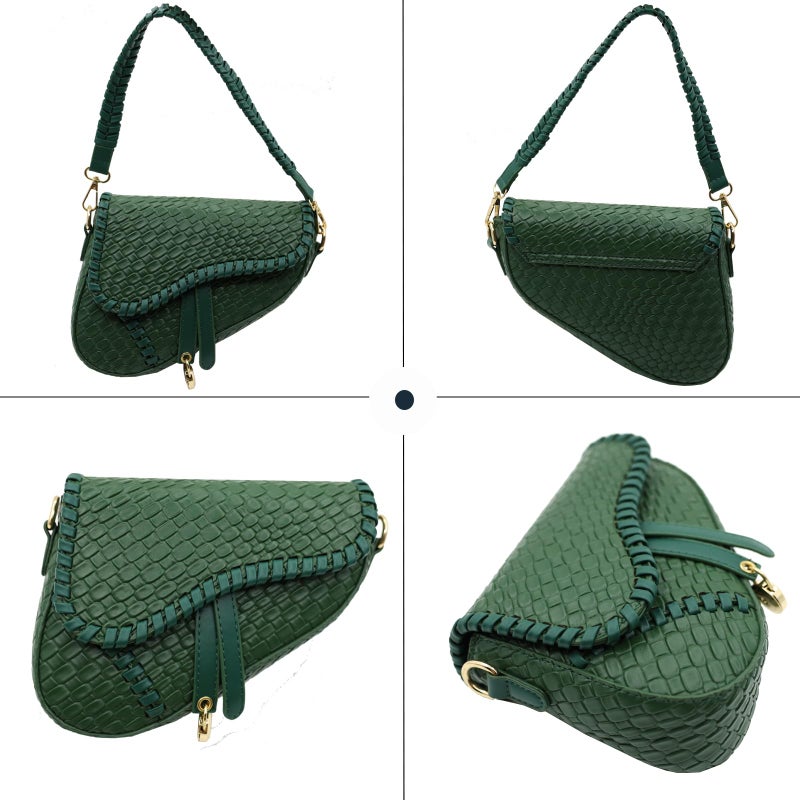 ERWUBA fashion women saddle shoulder bag clutch purse small crossbody satchel handbag woven imitation crocodile leather bag (Green) - Image 4
