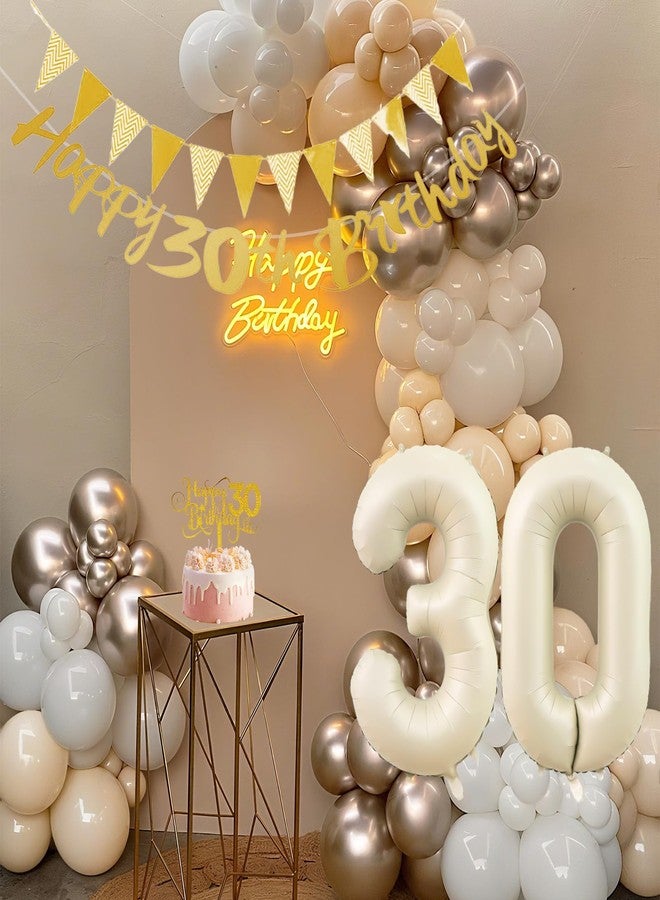 زينة حفلات عيد الميلاد الثلاثين للنساء والرجال، لافتة "عيد ميلاد سعيد الثلاثين" مع زينة للكيك، مجموعة بالونات "الرملي الأبيض الذهبي" لعمر 30 عامًا، زينة حفلات برقم 30 باللون البيج والذهبي، لوازم حفلات بوهو - Image 5