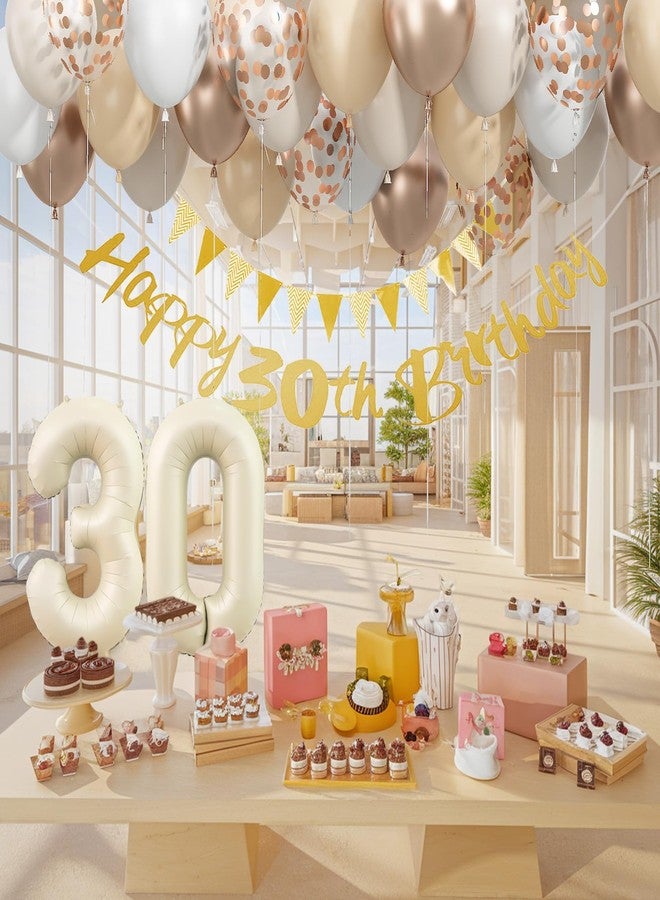 زينة حفلات عيد الميلاد الثلاثين للنساء والرجال، لافتة "عيد ميلاد سعيد الثلاثين" مع زينة للكيك، مجموعة بالونات "الرملي الأبيض الذهبي" لعمر 30 عامًا، زينة حفلات برقم 30 باللون البيج والذهبي، لوازم حفلات بوهو - Image 4
