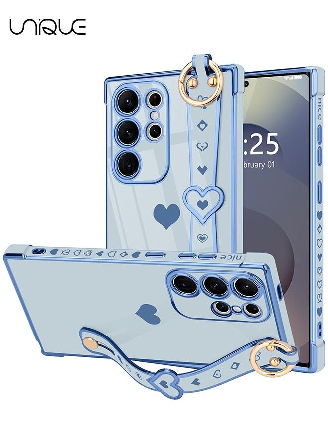 Unique Compatible with Samsung Galaxy S25 Ultra Case - Adjustable Wrist Strap Kickstand - Cute Heart Luxury Gold Plating Bumper - Women Girl Men Protective Case Cover - Blue - Image 1