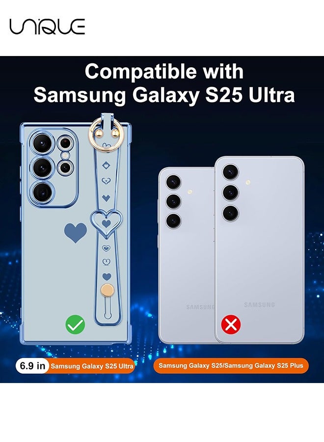 Unique Compatible with Samsung Galaxy S25 Ultra Case - Adjustable Wrist Strap Kickstand - Cute Heart Luxury Gold Plating Bumper - Women Girl Men Protective Case Cover - Blue - Image 2