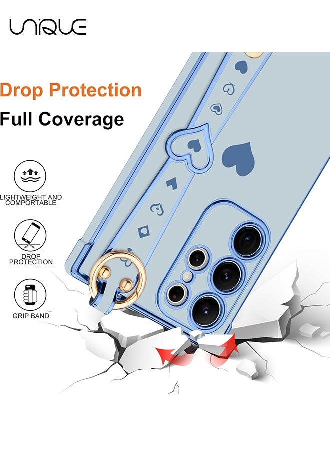 Unique Compatible with Samsung Galaxy S25 Ultra Case - Adjustable Wrist Strap Kickstand - Cute Heart Luxury Gold Plating Bumper - Women Girl Men Protective Case Cover - Blue - Image 3