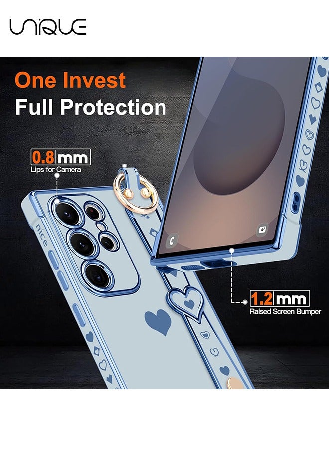 Unique Compatible with Samsung Galaxy S25 Ultra Case - Adjustable Wrist Strap Kickstand - Cute Heart Luxury Gold Plating Bumper - Women Girl Men Protective Case Cover - Blue - Image 4