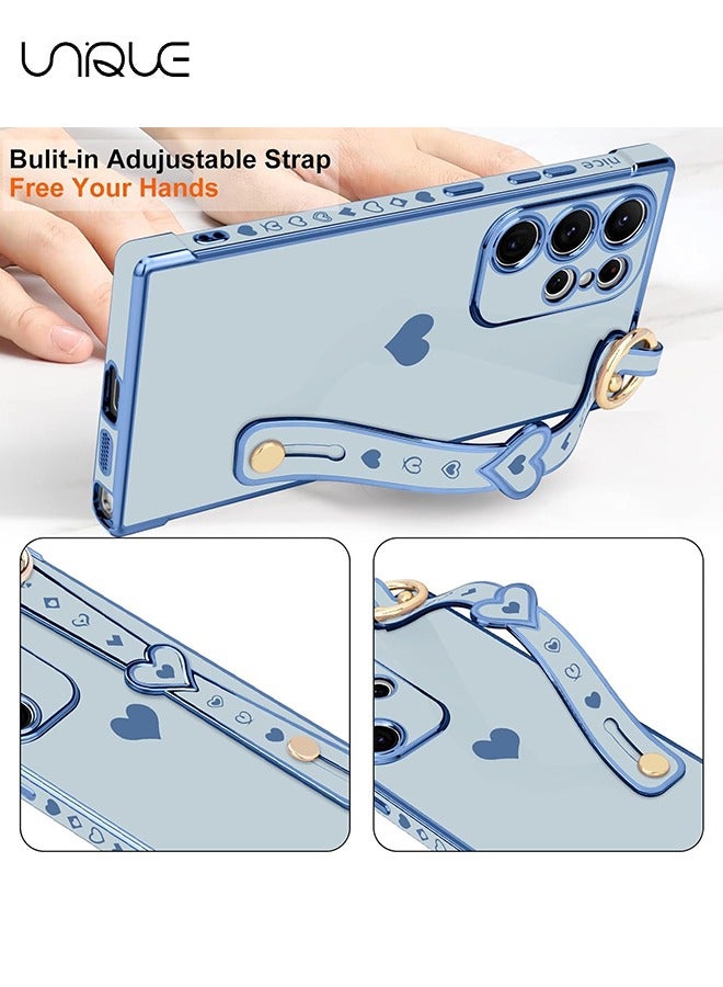 Unique Compatible with Samsung Galaxy S25 Ultra Case - Adjustable Wrist Strap Kickstand - Cute Heart Luxury Gold Plating Bumper - Women Girl Men Protective Case Cover - Blue - Image 5