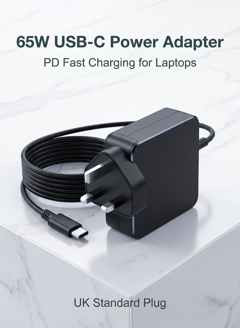 شاحن جهاز كمبيوتر محمول 65 واط، شاحن جهاز كمبيوتر محمول من نوع USB-C، متوافق مع لينوفو تينك باد يوجا، كروم بوك، آيديابد، شحن سريع، قابل للتشغيل مع أجهزة HP وآسوس وأكور وغيرها من الأجهزة من نوع C - Image 1