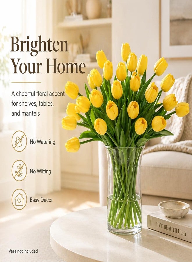 MACTING Yellow Artificial Tulip Flowers - 13.7" 30PCS Real Touch Fake PU Tulips Bouquet Faux Flowers for Floral Arrangements Table Centerpieces Kitchen Indoor Home Mothers Day Decorations - Image 3