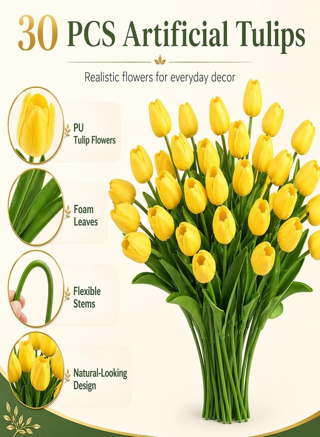 MACTING Yellow Artificial Tulip Flowers - 13.7" 30PCS Real Touch Fake PU Tulips Bouquet Faux Flowers for Floral Arrangements Table Centerpieces Kitchen Indoor Home Mothers Day Decorations - Image 4