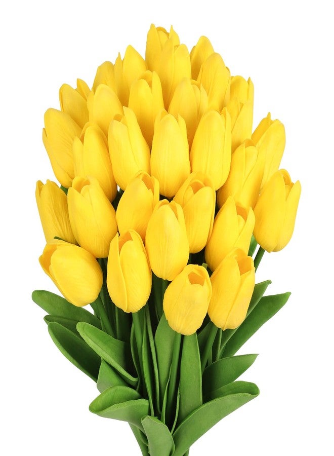MACTING Yellow Artificial Tulip Flowers - 13.7" 30PCS Real Touch Fake PU Tulips Bouquet Faux Flowers for Floral Arrangements Table Centerpieces Kitchen Indoor Home Mothers Day Decorations - Image 1