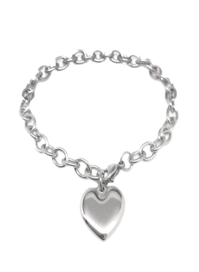 Loralyn Designs Adjustable Stainless Steel Bracelet with Chunky Chain, Puffy Heart Charm Silver Bracelet for Women, Engraveable Non-Tarnish Stainless Steel Charm Bracelet (8 Inch) - Image 1