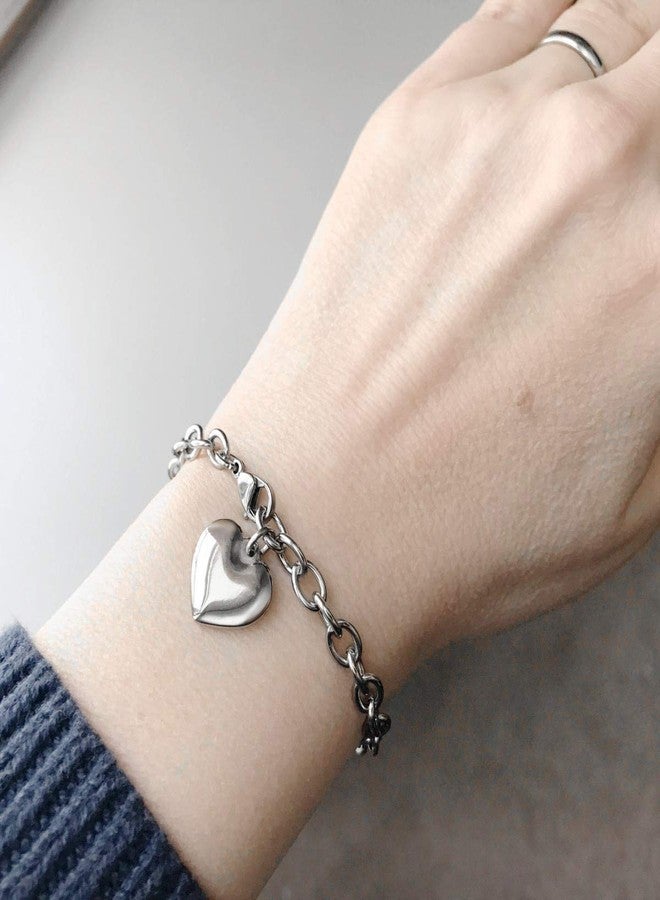 Loralyn Designs Adjustable Stainless Steel Bracelet with Chunky Chain, Puffy Heart Charm Silver Bracelet for Women, Engraveable Non-Tarnish Stainless Steel Charm Bracelet (8 Inch) - Image 2