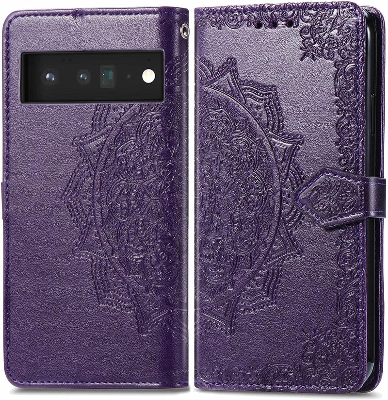 YUANSHXM-Wallet Case for Google Google Pixel 9 Pro/9 Pro XL/9,All-Inclusive Protection Retro Embossing Leather Cover with Card Slots Flip Kickstand Case (Purple,9 Pro XL) - Image 1