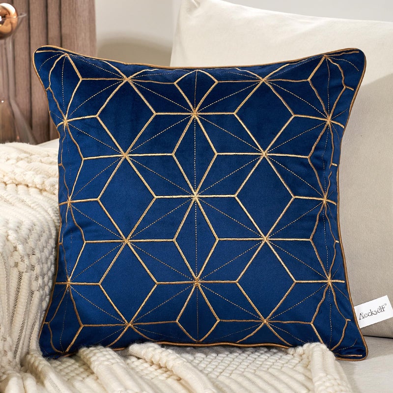 Aeckself Navy Blue Velvet Pillow Cover 20 x 20 Inch Luxury Modern Square Gold Plaid Geometric Embroidery Decorative Throw Pillow Cover for Couch Living Room Bedroom