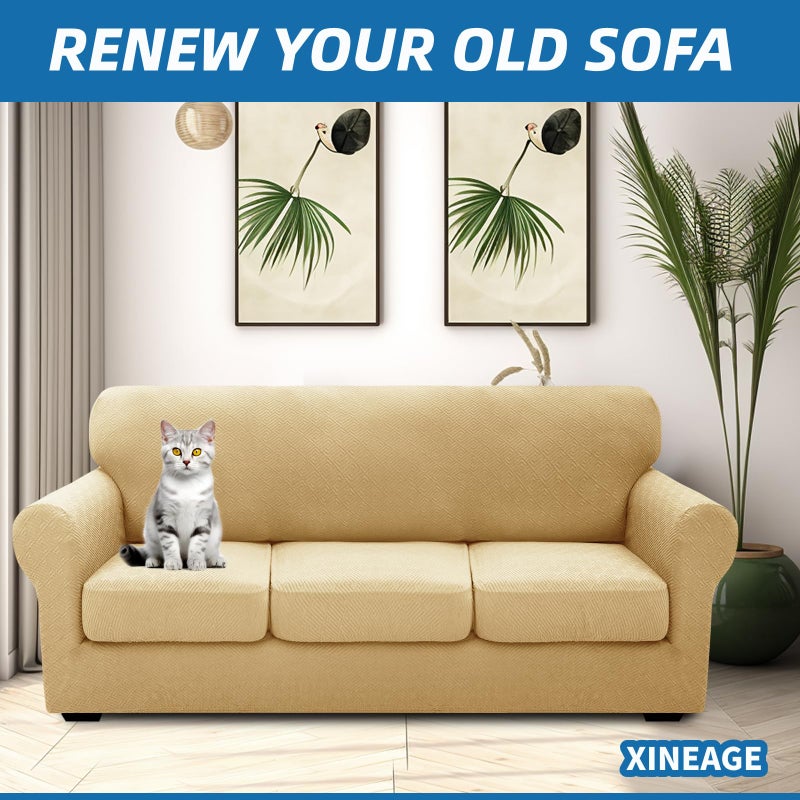 XINEAGE 2026 New 4 Pieces Couch Covers for 3 Cushion Couch Super Stretch Thick Soft Sofa Cover Anti Slip Sofa Slipcover Dogs Cats Furniture Protector (Beige, 71"-91") - Image 4