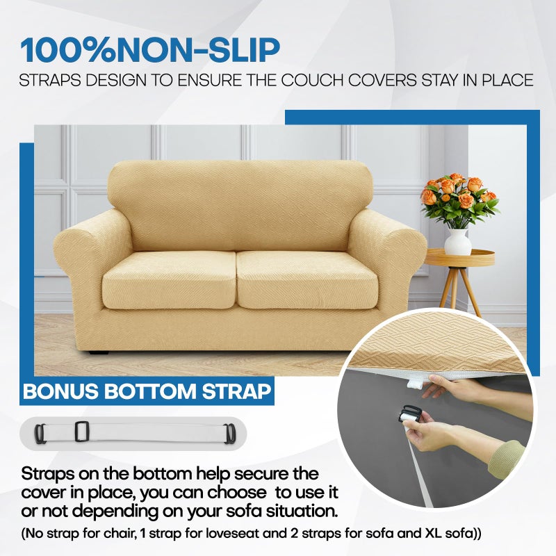 XINEAGE 2026 New 4 Pieces Couch Covers for 3 Cushion Couch Super Stretch Thick Soft Sofa Cover Anti Slip Sofa Slipcover Dogs Cats Furniture Protector (Beige, 71"-91") - Image 5