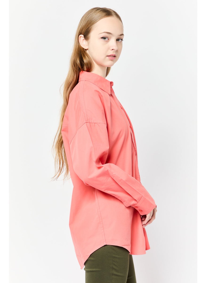 ESPRIT Women Spread Collar Long Sleeve Plain Shirt, Carrot Red  - Image 2