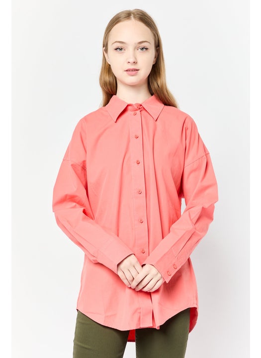 Women Spread Collar Long Sleeve Plain Shirt, Carrot Red