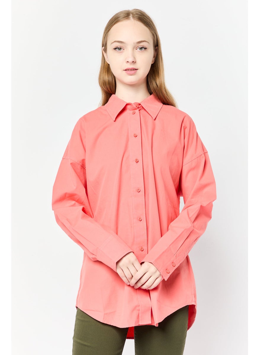 ESPRIT Women Spread Collar Long Sleeve Plain Shirt, Carrot Red  - Image 1
